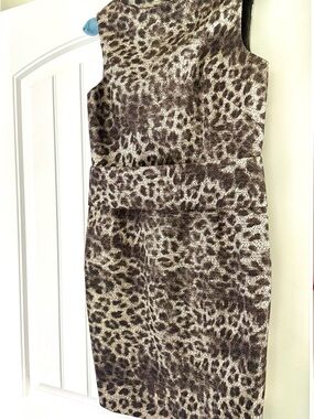 Carlisle Leopard Animal Print Sheath Dress in metallic black, crème, brown size6